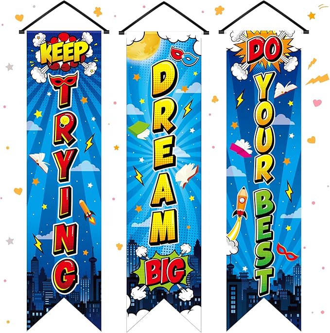 3 Pieces Hero Party Decorations Hero Wall Banners Porch Signs Backdrops Inspirational Cityscape Photography Background for Theme Birthday Party Baby Shower Classroom Decorations