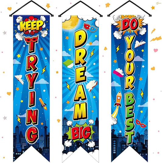 3 Pieces Hero Party Decorations Hero Wall Banners Porch Signs Backdrops Inspirational Cityscape Photography Background for Theme Birthday Party Baby Shower Classroom Decorations