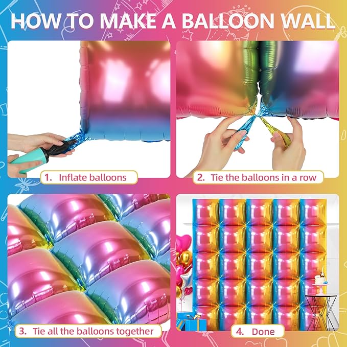 NISOCY 25PCS Gradient Colorful Square Foil Balloons Wall Backdrop Double Sided Colored Balloon Tunnel Arch Kit for Birthday Graduation Baby Bridal Shower Wedding Anniversary Party Decorations