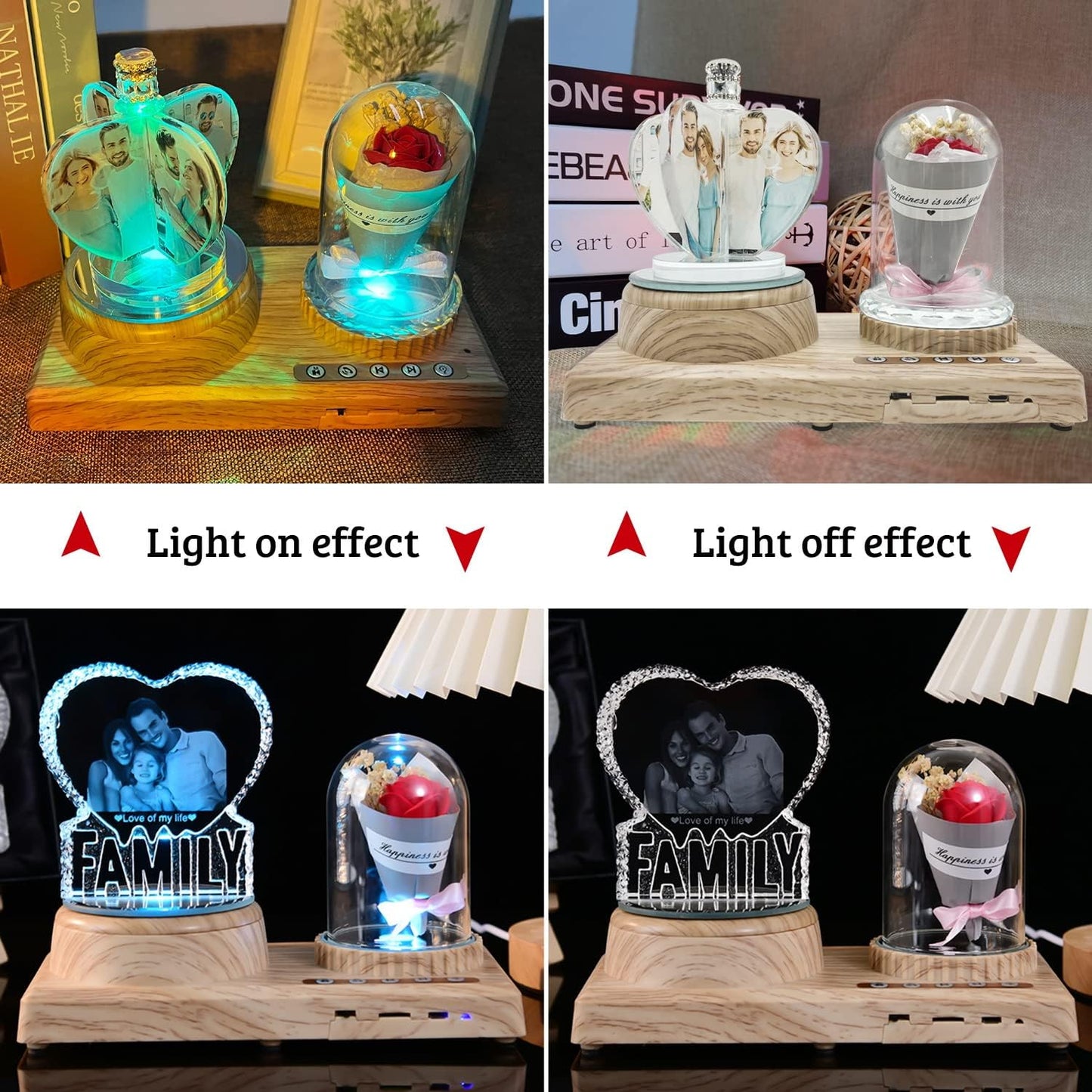 to My Beautiful Mom Gifts Personalized Heart-Shaped 3D Crystal Photo Frame, with Bluetooth Rose Audio, Mom Night Light Gifts for Mother's Day, Birthday, Thanksgiving, Christmas