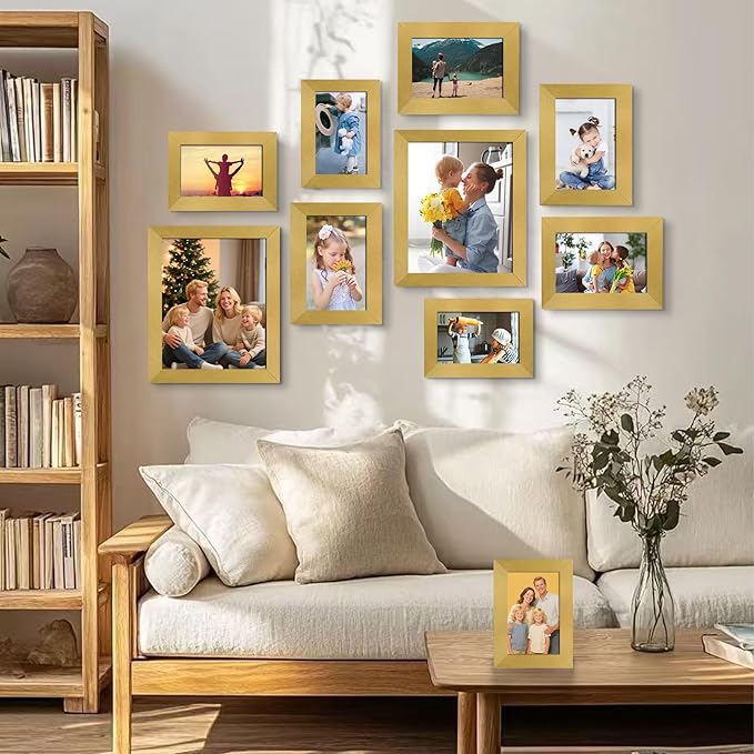 LUCKYLIFE Picture Frames Collage Wall Decor 10-Pack, Gallery Wall Frame Set with 8x10 5x7 4x6, Gold