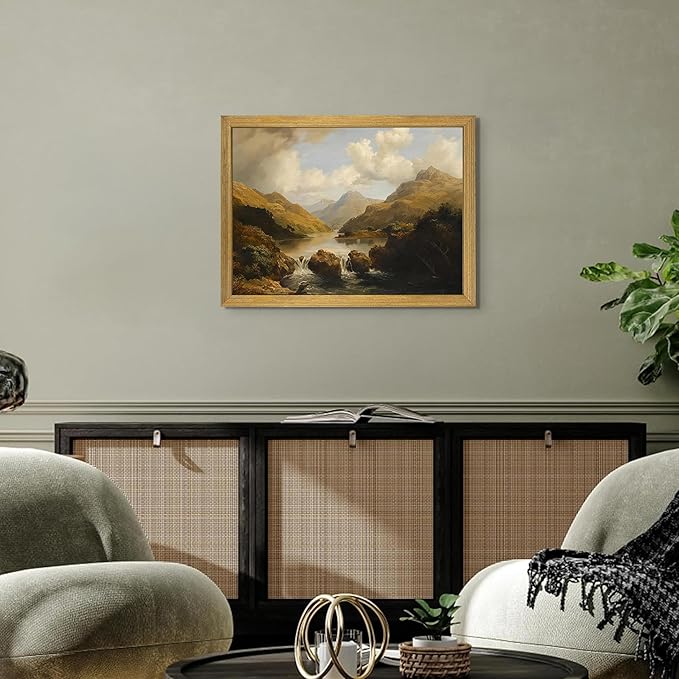 Framed Vintage Landscape Wall Art Home Decor, Retro Mountain Vintage Painting Prints, Countryside Farmhouse Landscape Wall Decor, Canvas Wall Art for Living Room Bedroom Home Bathroom Decor 12x16 Inch