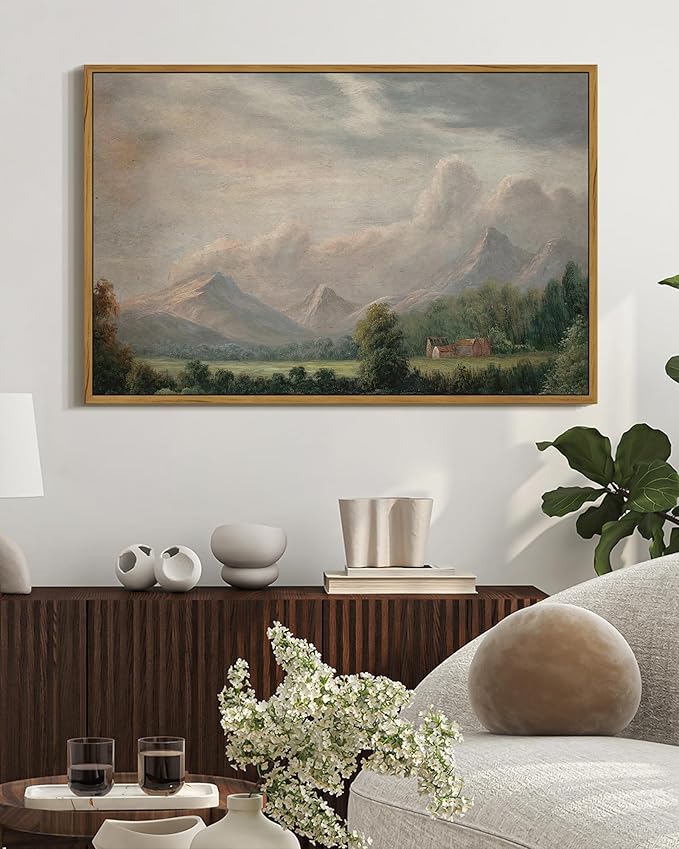 SHENIFY Vintage Framed Wall Art Rustic Cottage Country Riverside Landscape Scenery Home Decor Retro Mountain Decorations for Bedroom Ready to Hang Wall Artwork - 16x24in Natural Framed