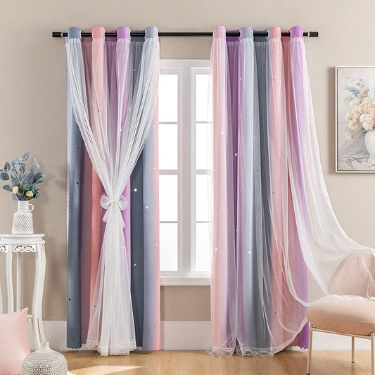 XiDi Dream Star Blackout Curtains for Kids Rooms Girl Princess Curtain for Daughter Bedroom Window (Grey Pink Purple, W34 X L84)