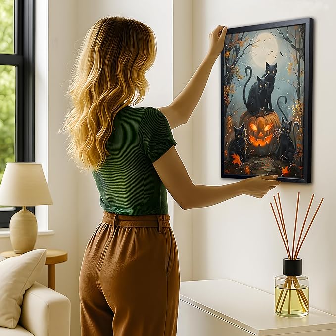 Halloween Black Cat Wall Art, Dark Academia Spooky Pumpkin Poster Wall Decor, Vintage Gothic Witchy Cat Canvas Print, for Bedroom Living Room Aesthetic Decor 16x24 Inch Wood Framed