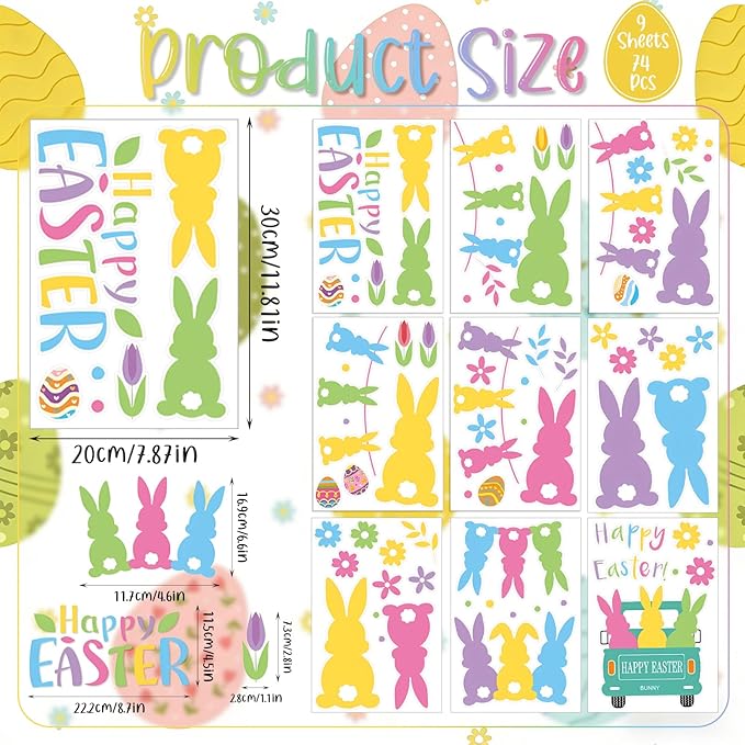 Happy Easter Bunny Wall Decals, 9 Sheet Easter Colorful Rabbit Wall Stickers Removable for Home Classroom Office Wall Decorations