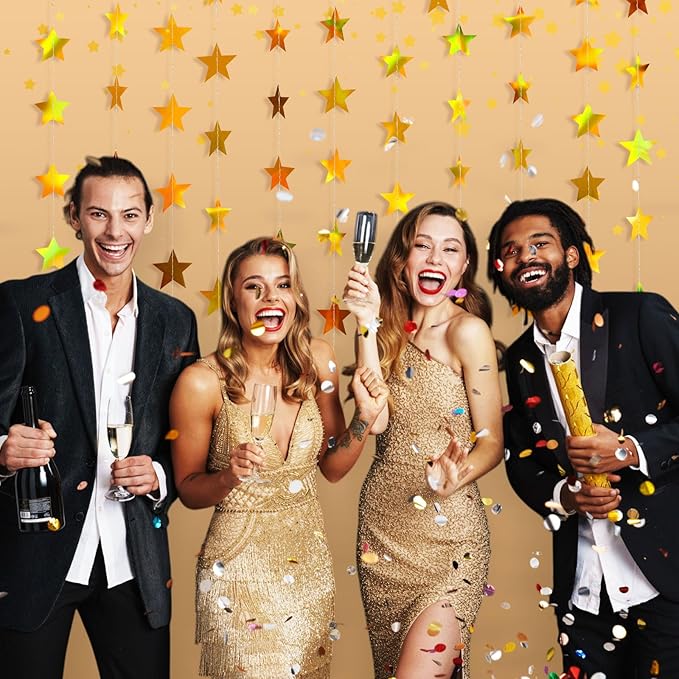 Patelai Glitter Star Garland Banner 2026 Graduation Decor 130 Feet Star Hanging Banner Twinkle Backdrop for Party Birthday Classroom Wedding Supplies(Iridescent Gold)
