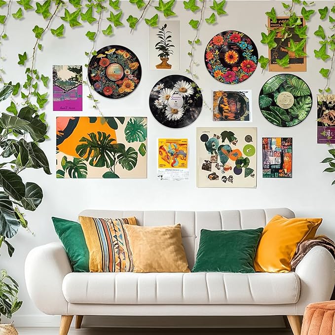 twinklemon 4PCS Vinyl Record Decor 12 Inch Record Decorations for Indie Hippie Room Decor Botanical Wall Art for Room Aesthetic Flower Leaves Records Wall Decor for Music Party Studio Display