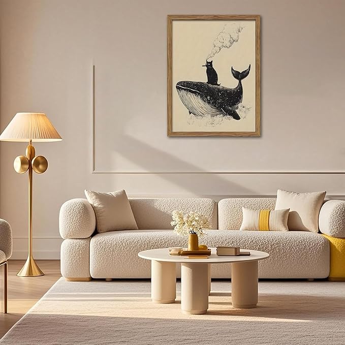 Framed Cat Wall Art, Funny Black Cat Riding a Whale Canvas, Vintage Abstract Oil Painting, Country Home Room Wall Decor, Humorous Pictures Artwork Prints for Living Room Bedroom – 12x16 inch
