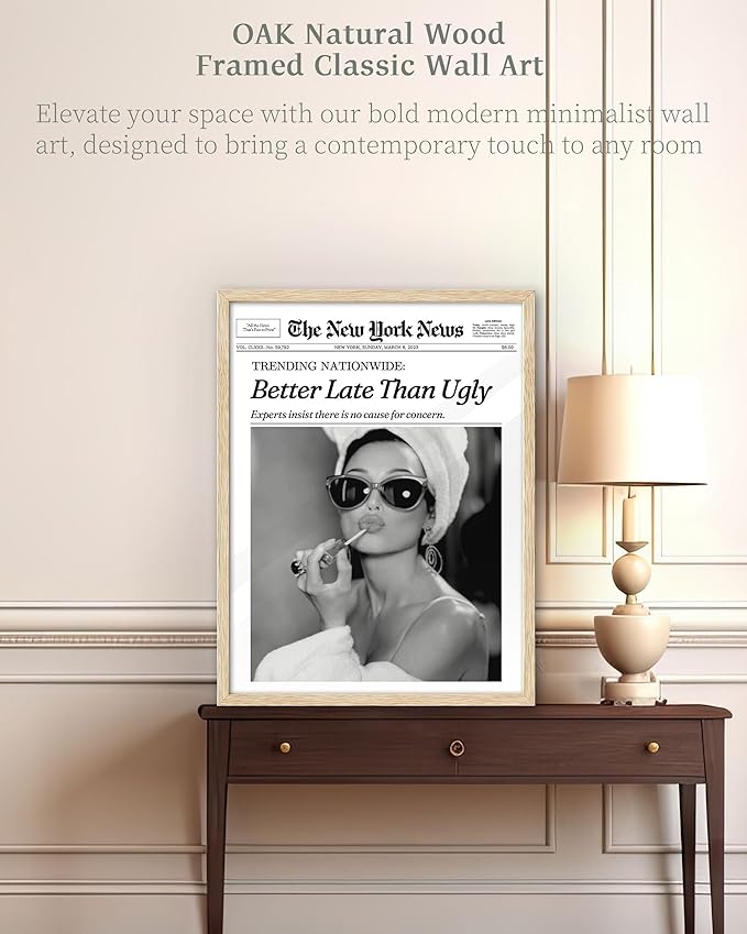 iHery Small Natural OAK Wood Hepburn Newspaper Trendy Bathroom Wall Decor, 8X10in Vintage Framed Wall Art Canvas Art, Funny Artwork, Better Late Than Ugly, Set of 1 Apartment Girly Dorm Room
