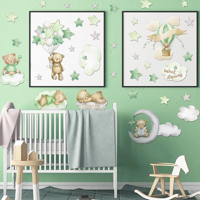 Yinder 12 Sheet 78 Pcs Bear Highland Cow Wall Decals Cute Highland Cow Sticker Nursery Baby Wall Decor for Kids Girls Boys Baby Room Bedroom(Sage Green Bear)