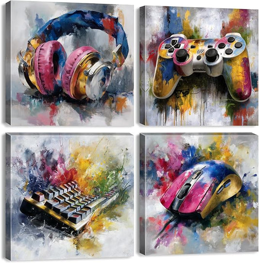 Large Gaming Wall Decor Colorful Gamer Canvas Art Pictures Watercolor Game Controller Headset Keyboard Mouse Paintings Posters Abstract Games Room Decorations for Teens Boys Bedroom Playroom 20x20”