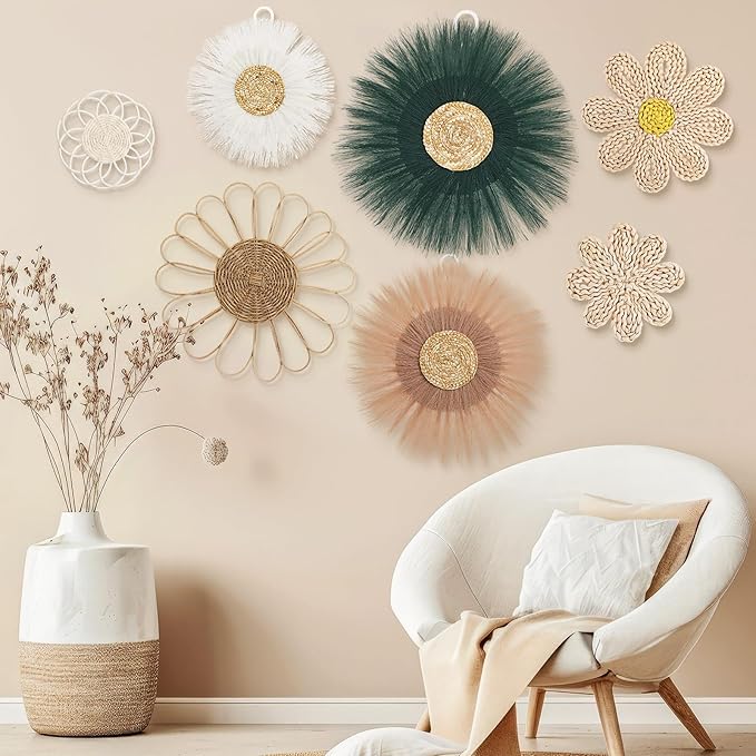 Chunful 7 Pcs Boho Wall Basket Decor Rattan Flower Wall Decor Nursery Daisy Flower Woven Macrame Hanging Flowers for Baby Kids Girls Farmhouse Bedrooms Living Rooms Kitchen Home(Emerald Green)