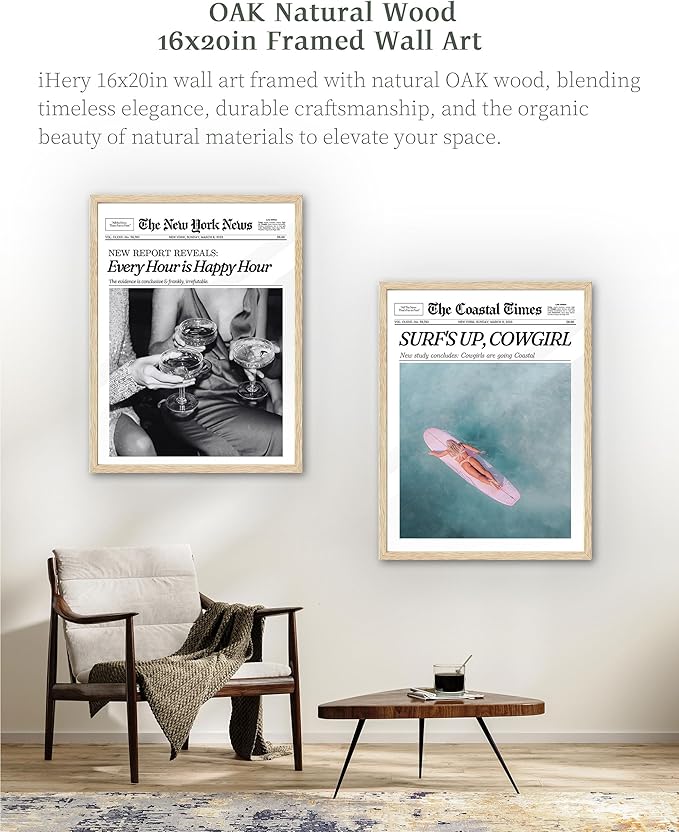 iHery Every Hour is Happy Hour Framed Trendy NewsPaper Wall Art, Natural OAK Wood Large 16x20in Canvas Wall Decor For Bedroom, Retro New York News Prints for Girl Dorm Living Room Home 1Pack