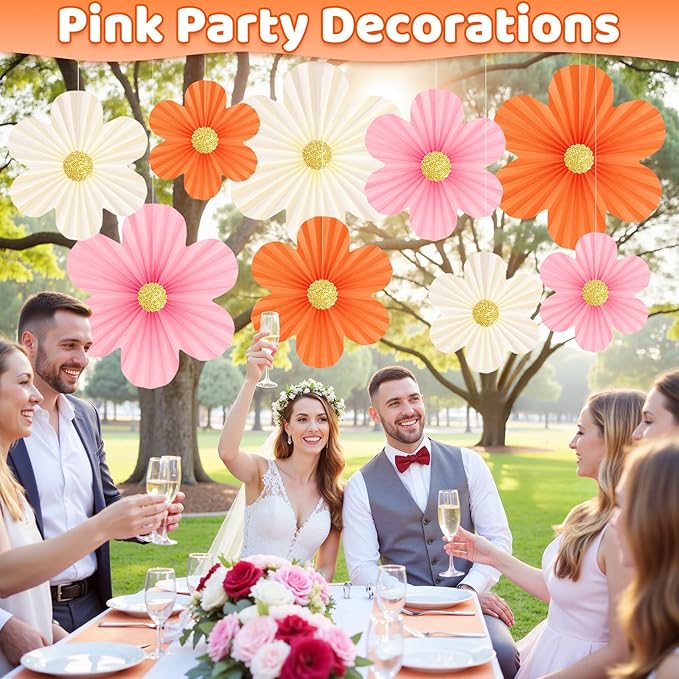 Pink and Orange Party Decorations Pink Paper Flowers Decorations for Wall 9pcs with 9 Gold Glitter Floral Centers Paper Fans Floral Backdrop Flower Wall Decor for Birthday Classroom Baby Shower, Guide