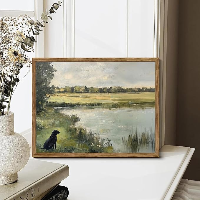 Framed Vintage Hunting Black Dog Wall Art, Rustic Country Nature Landscape Pictures Wall Decor, Farmhouse Animal Paintings Canvas Prints Aesthetic Home Decor for Living Room Bedroom 16x24 inch