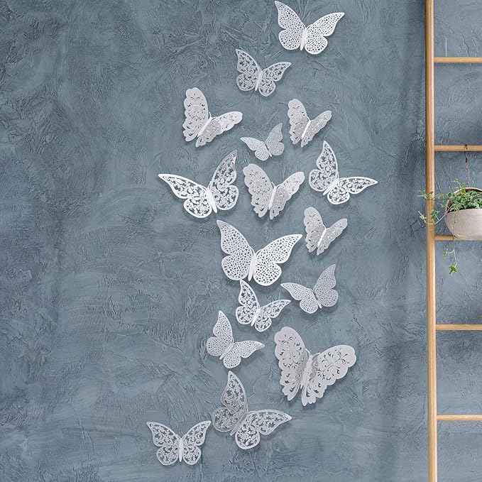 Bememo 72 Pieces 3D Butterfly Wall Decals Sticker Decal Wall Decor Art Decorative Sticker 3 Sizes for Room Offices Bedroom Bathroom Living Room Decor(Silver)
