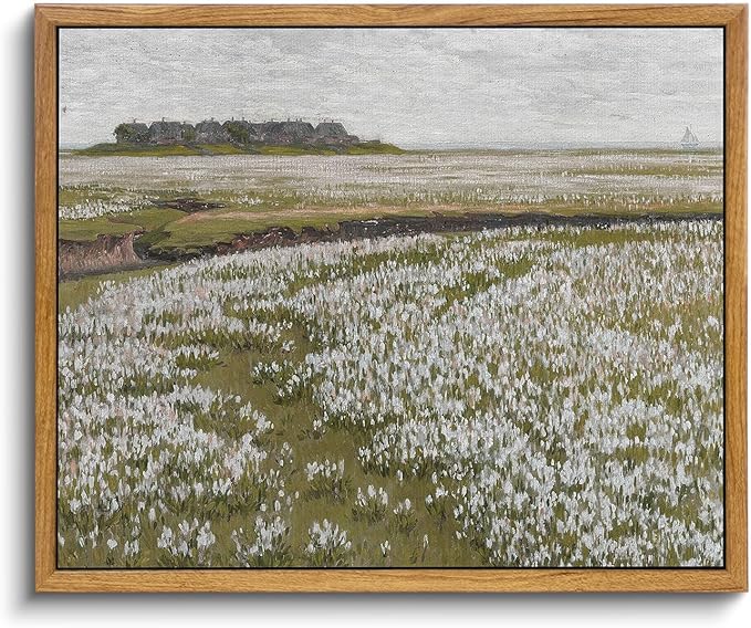 InSimSea Framed Canvas Wall Art Vintage Decor, Landscape Wall Art, Boundless Grassland Full of White Flowers Canvas Painting Wall Decor, Retro Farmhouse Bedroom Decoration, 9"x11"