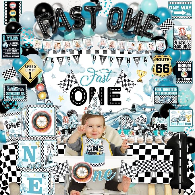 Mpanwen Fast One Birthday Decorations for Boys, 143Pcs Race Car Racing 1st Party Decor Supplies for Baby - Banner, Cake Toppers, Balloons, Tablecloth, Centerpieces, Crown, Poster, Boxes, Wall Signs