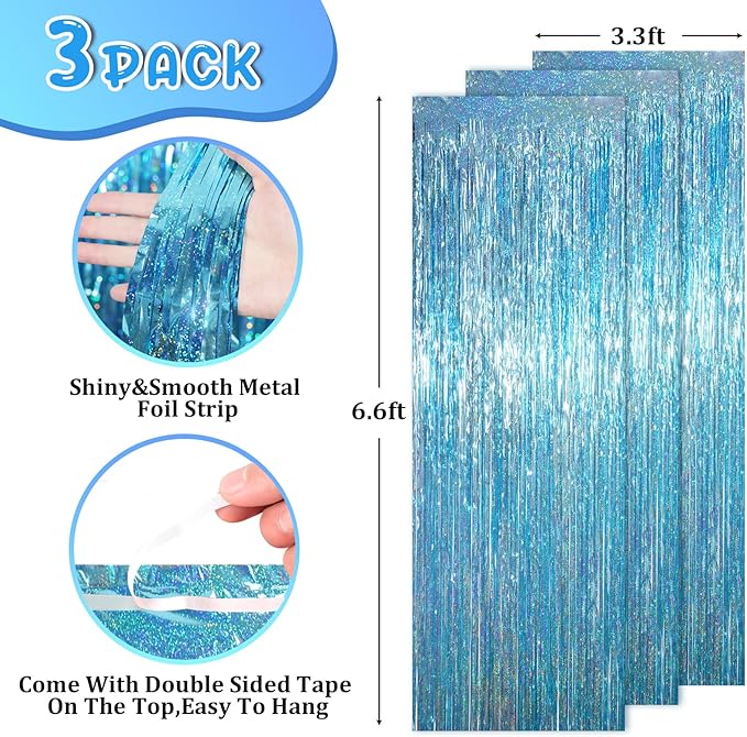 3.3 x 6.6 ft Foil Fringe Backdrop Curtains, Tinsel Streamers Party Decorations, Fringe Backdrop for Birthday, Baby Shower, Gender Reveal, Graduation (3, Light Blue)
