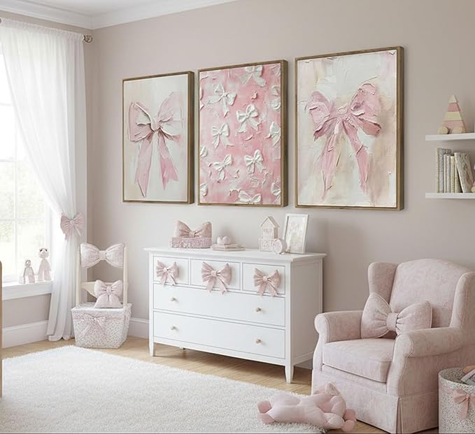 Framed 3D Textured 3Pcs Trendy Pink Bow Canvas Wall Art Vintage Cute Preppy Watercolor Bow Painting Pictures Wall Decor Posters Prints Girly Aesthetic for College Apartment Bedroom Decoration