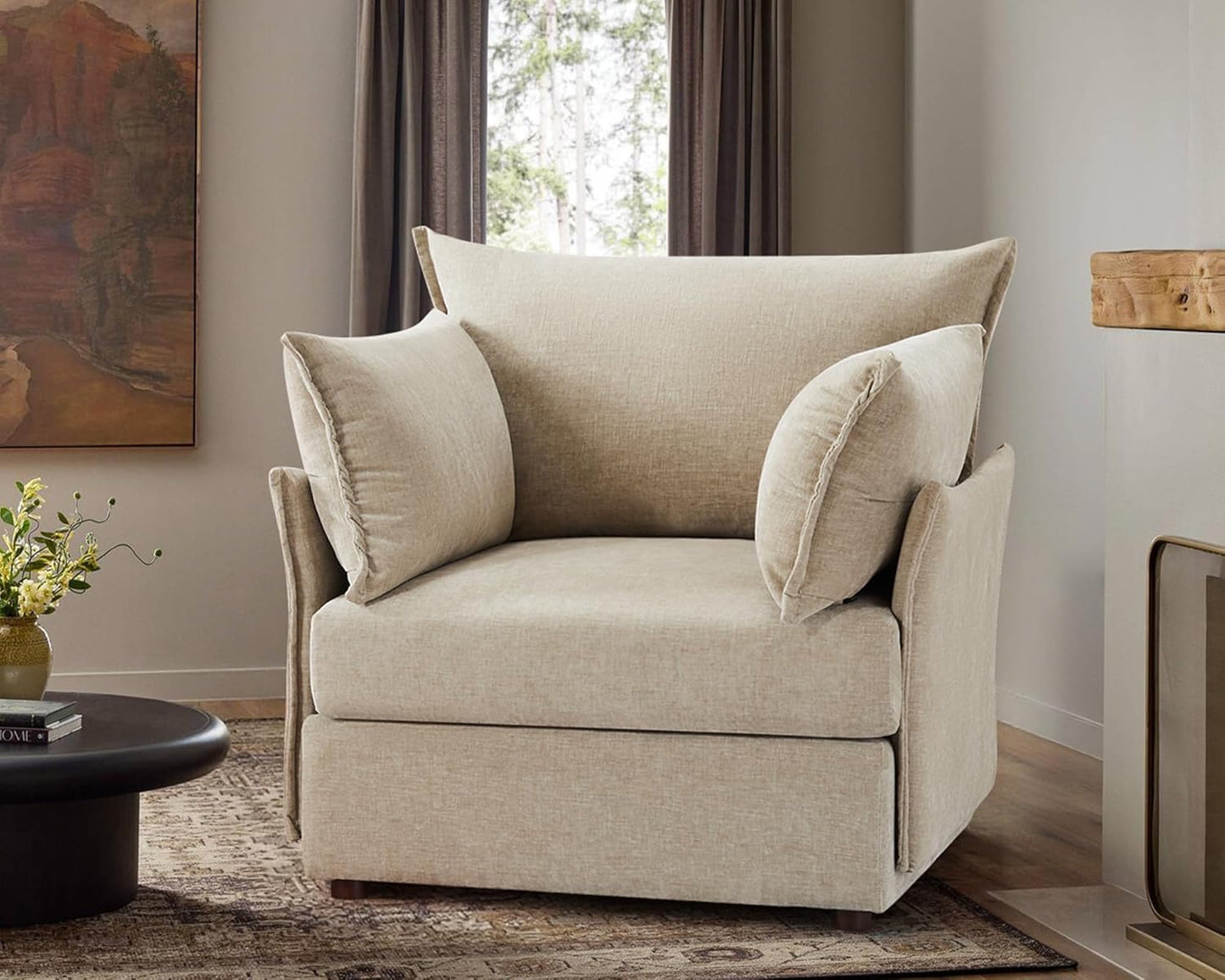 Oversized Accent Chair, Upholstered Modern Sofa Chair with Removable Backrest & Detachable Cover, 24.5" Deep Seat Large Reading Armchair for Living Room Bedroom Office - Chenille Beige Set of 1