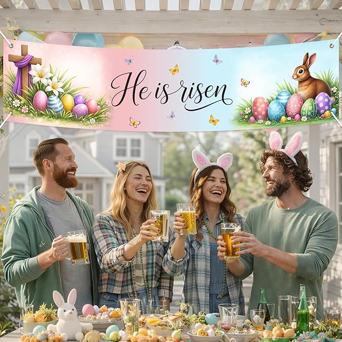 He Is Risen Easter Banner Christian Spring Decor 78 x 17 Inch Religious Easter Banner with Cross Eggs Bunny Scene for Church Yard Fence Door Wall Indoor Outdoor Display