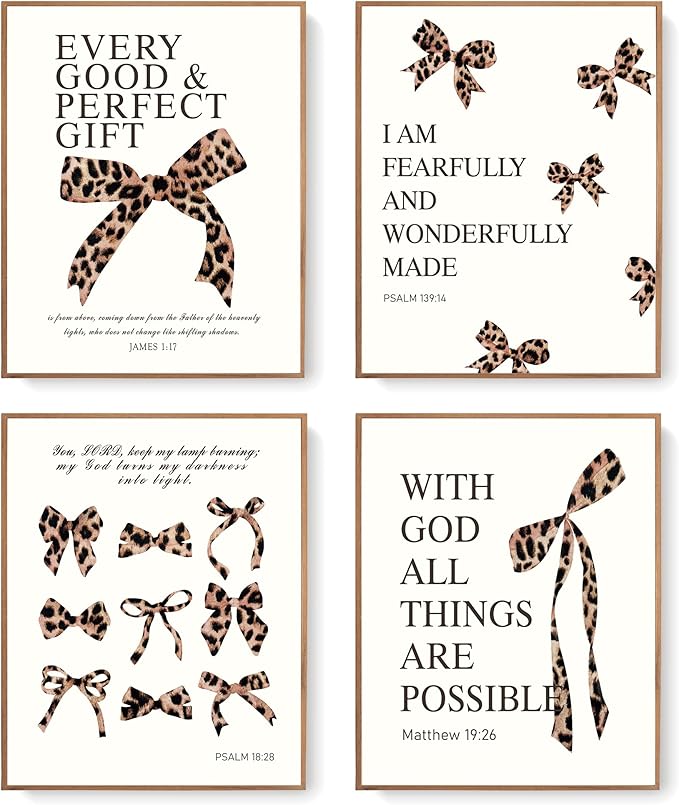 LARTSFRO Coquette Leopard Bow Wall Art Decor Posters, Y2K Cheetah Leopard Bow Room Bedroom Bathroom Dorm Wall Art Decor Aesthetic for College Teen Girls Gifts, Inspirational Bible Verses Bow Wall Decor, 10x8 Inch Set of 4 Pcs Cheetah Bow Pictures (UNFR...