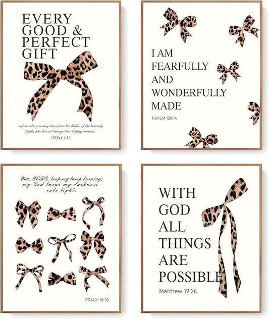 LARTSFRO Coquette Leopard Bow Wall Art Decor Posters, Y2K Cheetah Leopard Bow Room Bedroom Bathroom Dorm Wall Art Decor Aesthetic for College Teen Girls Gifts, Inspirational Bible Verses Bow Wall Decor, 10x8 Inch Set of 4 Pcs Cheetah Bow Pictures (UNFR...