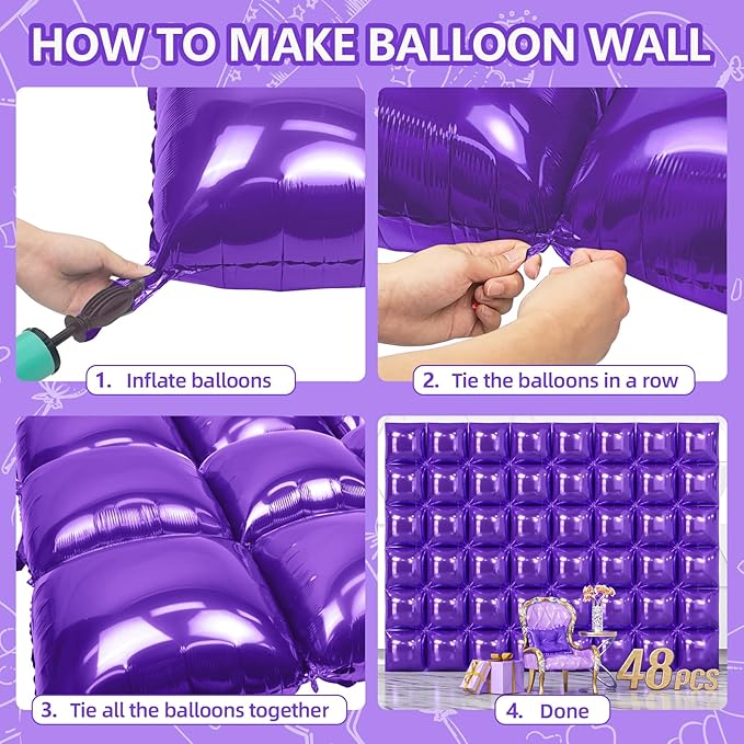 NISOCY 48PCS Purple Square Foil Balloons Wall Backdrop Double Sided Purple Balloons Tunnel Arch Kit for Baby Shower Birthday Wedding Party Decoration