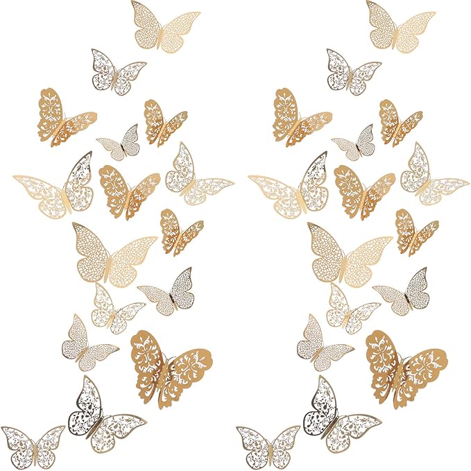 Bememo 72 Pieces 3D Butterfly Wall Decals Sticker Decal Wall Decor Art Decorative Sticker 3 Sizes for Room Offices Bedroom Bathroom Living Room Decor(Gold)