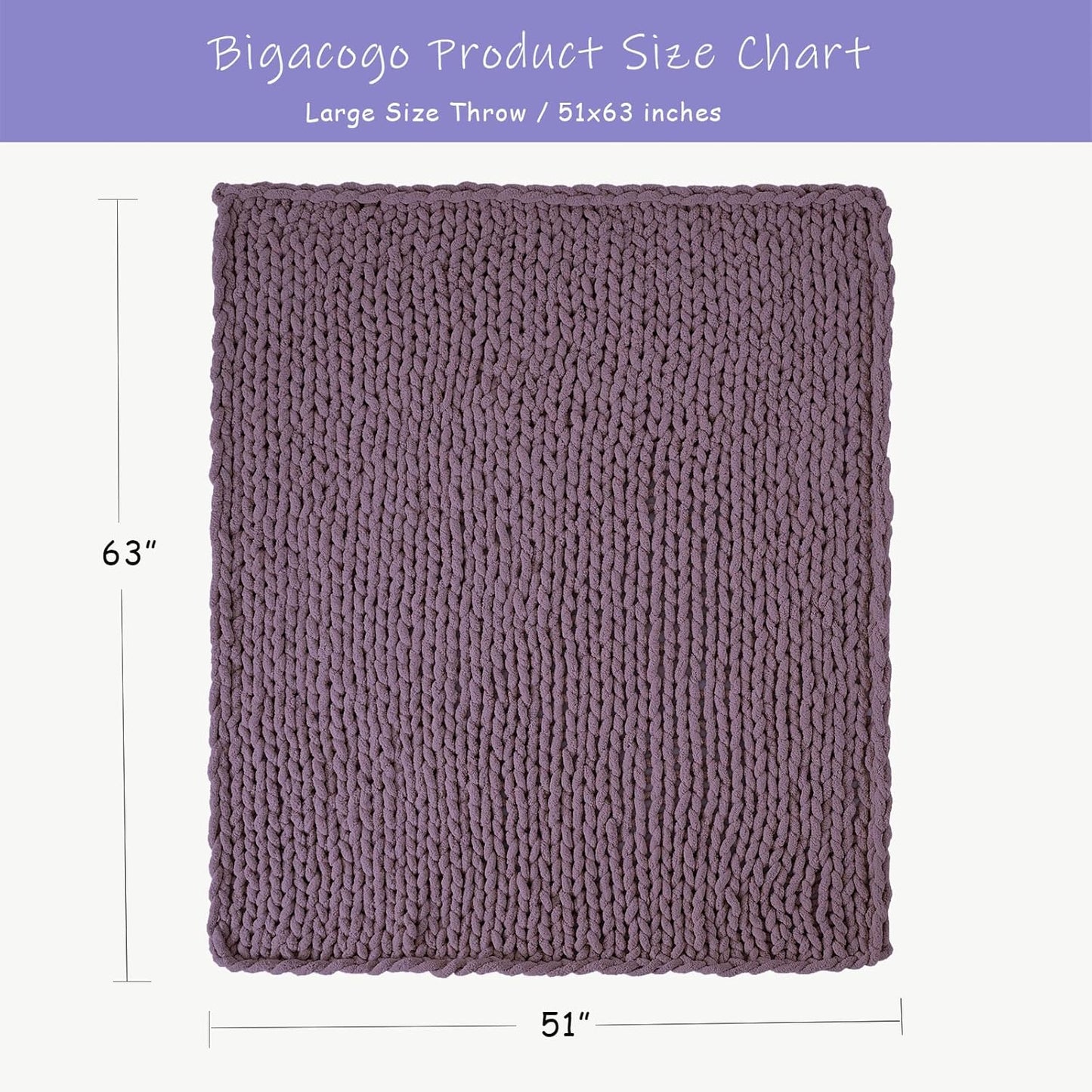 Bigacogo Chunky Knit Throw Blanket for Couch, 51x63 inches, 100% Hand Knitted with Thick Jumbo Chenille Yarn, Cozy Soft Large Rope Knot Cable Crochet Blankets for Sofa Bed Living Room, Winter Grape