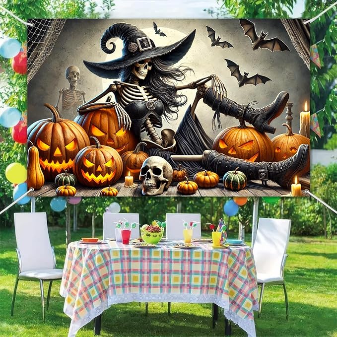 Halloween Banner 71x43 Inch Scary Witch Skeleton Backdrop Trick or Treat Yard Sign Spooky Halloween Decorations for Outdoor Haunted House Wall Party