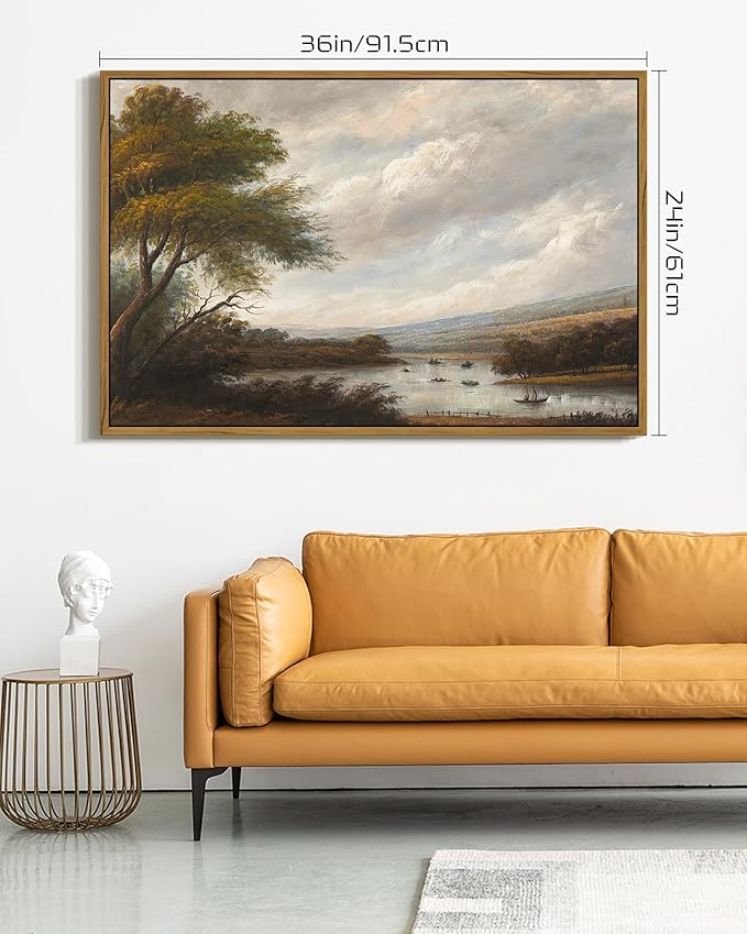 SHENIFY Vintage Landscape Framed Wall Art Riverside Scenery Farmhouse Decor Retro Boat Travel Painting for Hallway Living Room Bedroom Dining Room - 24x36in Natural Framed