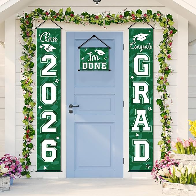 Moukeren 3 Pieces 2026 Graduation Party Decorations Graduation Porch Sign Class of 2026 Grad Hanging Porch Banner Backdrop Door Sign for Grad Party Home Door Wall Decor(Green)