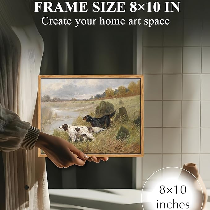 Floating Framed Vintage Hunting Dog Wall Art, Classic Countryside Landscape Canvas Print, English Setter and Gordon Setter Painting, Rustic Farmhouse Wall Decor for Living Room Study Office 8X10 inch