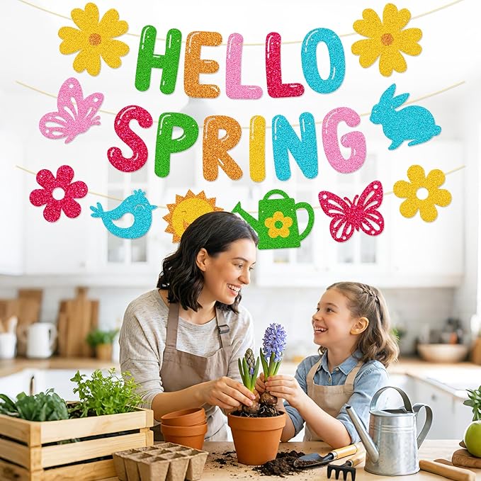 Hello Spring Banner, Glitter Spring Decoration for Home, Classroom, Easter Party & Porch - Floral Welcome Sign for Indoor Outdoor Door Wall Decor, Easter Seasonal Themed Photo Backdrop