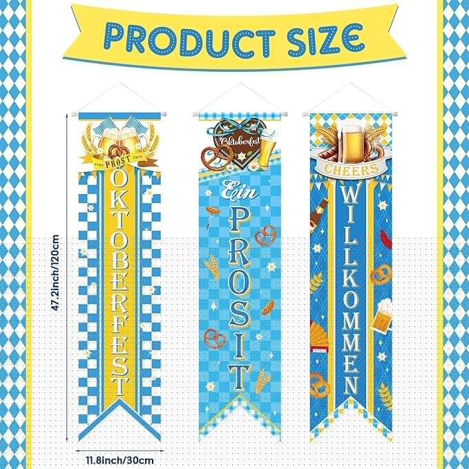 3 Pieces Oktoberfest Party Decorations Bavarian Banners Oktoberfest Prosit Welcome Porch Signs Festival Hanging Backdrops for Home Bar German Party Indoor Outdoor Wall Door Decor
