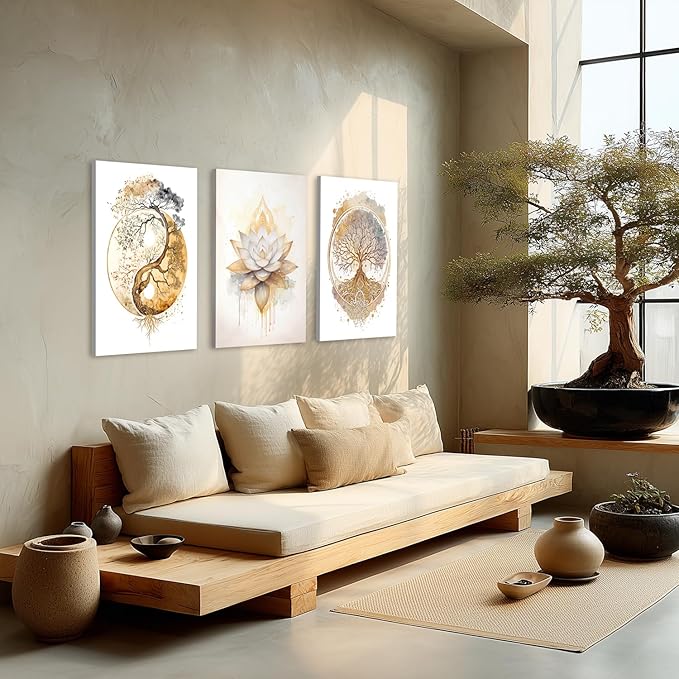 GELDSTEI Tree of Life Wall Art, Calming Zen Wall Decor, Abstract Yin Yang Tree Canvas Painting, Modern Gold Lotus Flower Meditation Poster Print for Living Room Yoga Room Bedroom Framed Set of 3, Each 12x16 Inch