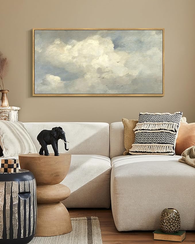 SHENIFY Vintage Landscape Framed Wall Art Sky Cloud Nature Farmhouse Decor Retro Classical Painting for Hallway Bedroom Living Room Dining Room - 20x40in Natural Framed