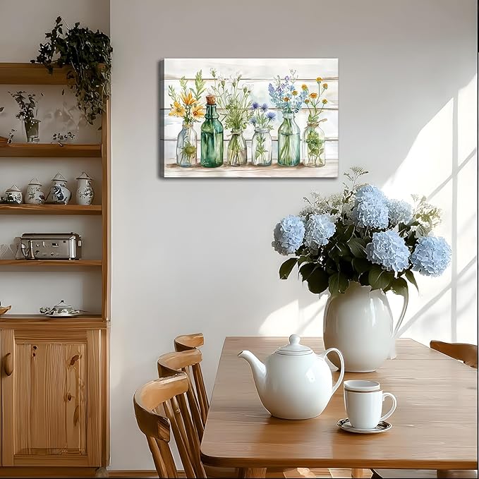 Rustic Green Bathroom Wall Art Retro Green Flower Watercolor Bottles Canvas Painting Rustic Bathroom Picture Prints Farmhouse Country Floral Wall Decor for Bedroom Living Room Ready to Hang 12x16"