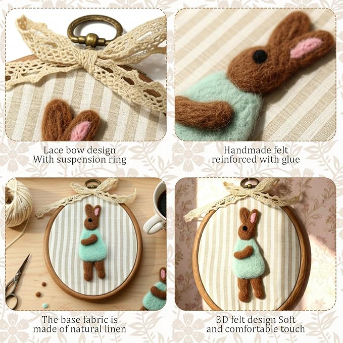 Soulchen Rabbit Nursery Wall Decor Vintage Felted Bunny Wall Art 5 x 6 Inch Cute Decorative Animal Artwork for Nursery Bathroom Living Room Baby Room Bedroom Farmhouse Decoration
