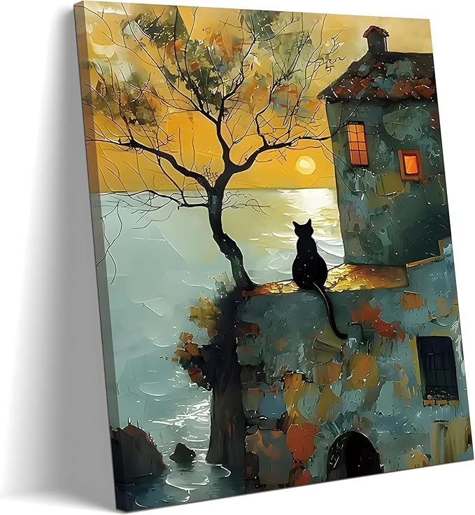 Framed Cat Watching Sunset Wall Art, Black Cat Silhouette Canvas Print Picture, Vintage Coastal Landscape Oil Painting Style, Cat Wall Decor for Living Room Bedroom 16x24 Inch