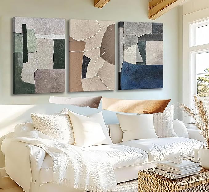 3pcs Abstract Texture Canvas Wall Art Modern Boho Neutral Geometry Wall Decor Pictures Beige Green Blue Minimalism Posters Prints for Living Room Bedroom Office Home Decoration Prepare To Hang