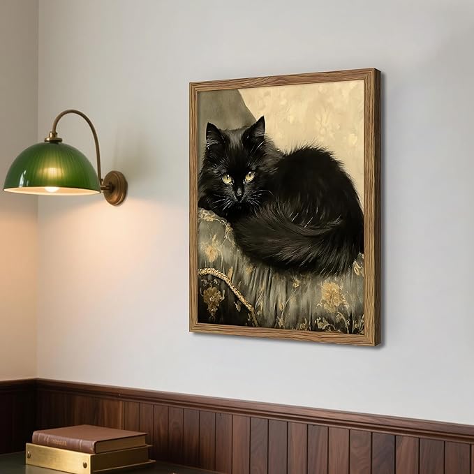 Black Cat Wall Art Framed, Vintage Cat Painting Print, Classical Animal Canvas Wall Decor, Rustic Cottagecore Aesthetic Pictures for Living Room Bedroom Home – 8x10 inch