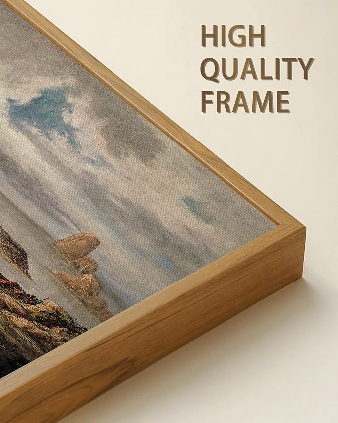 SHENIFY 20x40in Extra Large Vintage Framed Wall Art Seaside Path Wilderness Landscape Painting Retro Coastal Scenery Farmhouse Bedroom Above of Bed Living Room Decor - Natural Framed