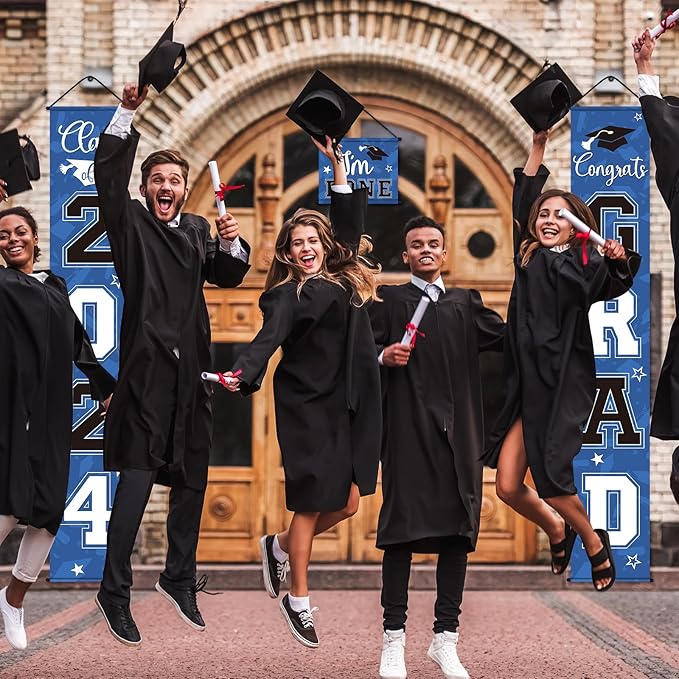 Moukeren 3 Pieces 2025 Graduation Party Decorations Graduation Porch Sign Class of 2025 Grad Hanging Porch Banner Backdrop Door Sign for Grad Party Home Door Wall Decor(Blue Black)