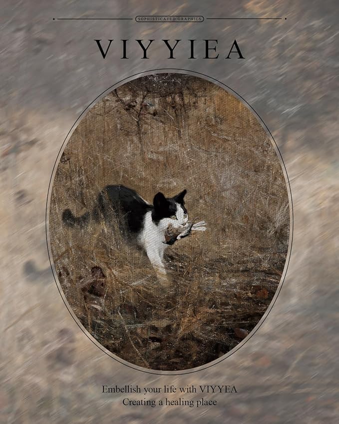 VIYYIEA Gold Framed Vintage Black Cat Holding A Bird Wall Art, Rustic Nature Scenery for Living Room Decor | No-Glass Design, Textured Canvas Finish | Elegant Home Office Wall Art, 13x16 Inch.