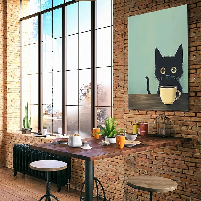 Yaneiro Framed Fun Black Cat Wall Art Abstract Drinking Coffee Picture Cute Retro Black Cat Wall Decor Canvas Poster Print Suitable for Cafe Bar Living Room Restaurant Bedroom 16x24 Inch