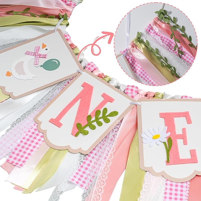 Pre - stung Silly Goose High Chair Banner for Girls1st Birthday - Pink & Gold Baby Girl Cake Smash Cake Smash Props, Premium First Birthday ONE Banner Party Decoration